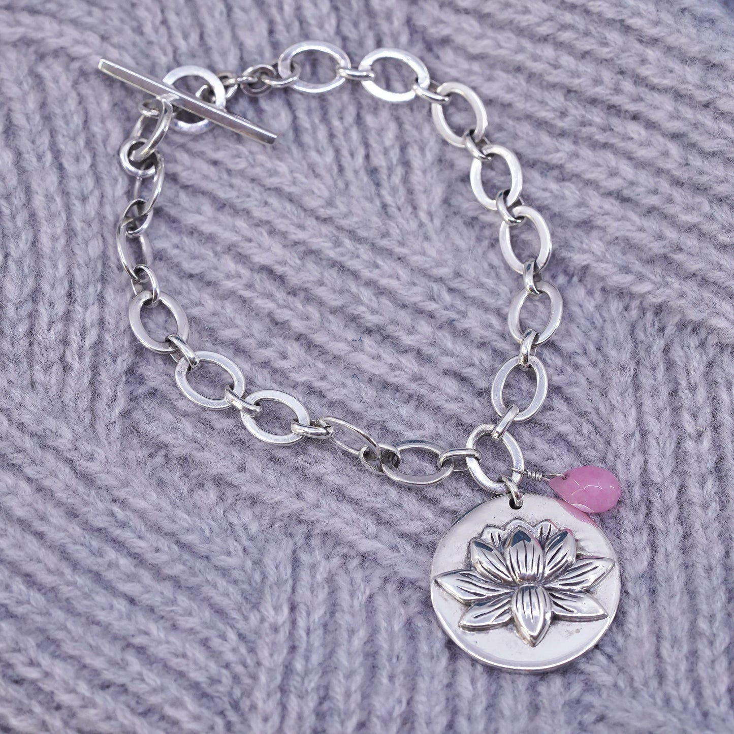 6.75", Sterling silver bracelet, 925 flatten circle chain lotus flower charm