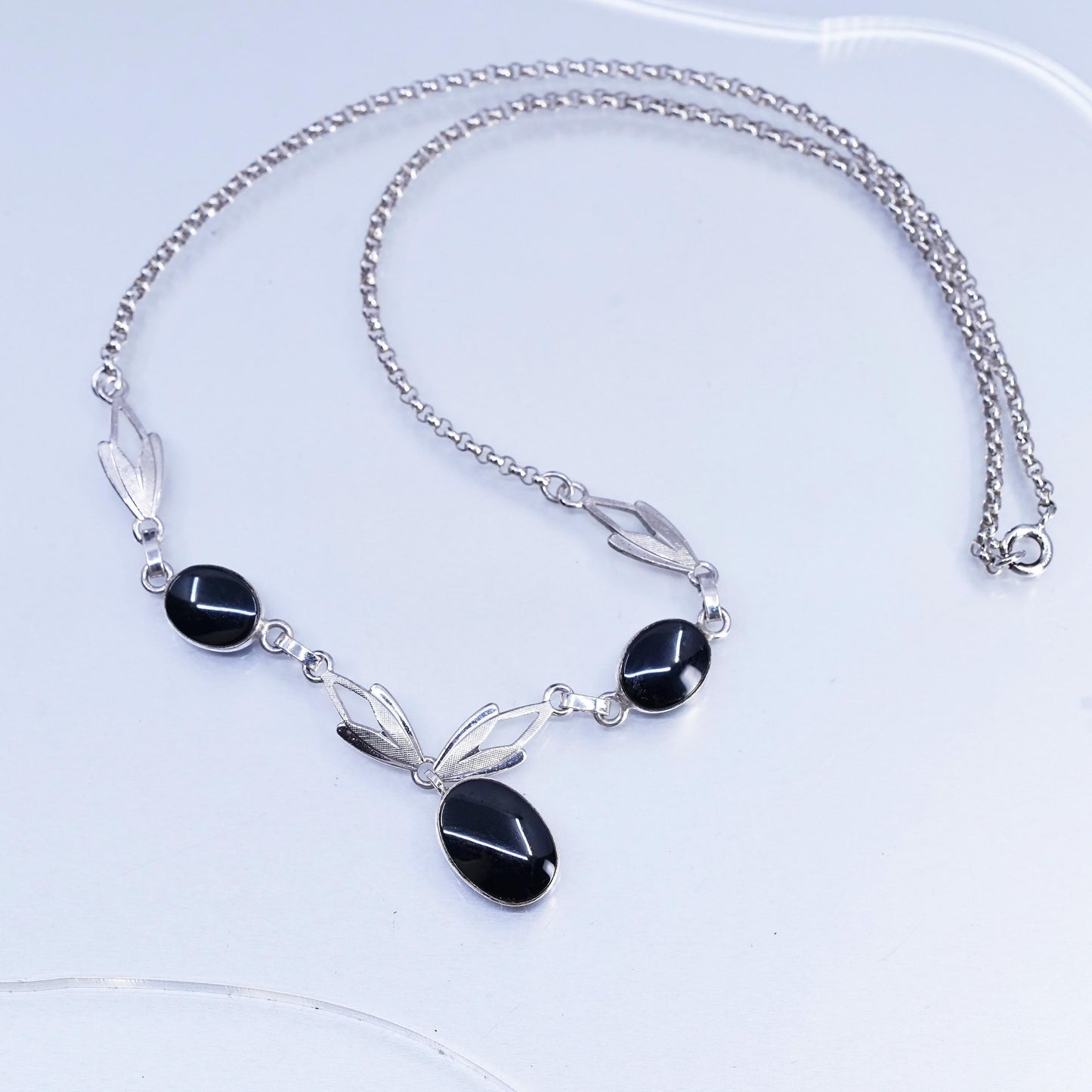 16”, vintage Sterling 925 silver handmade circle chain necklace onyx pendant