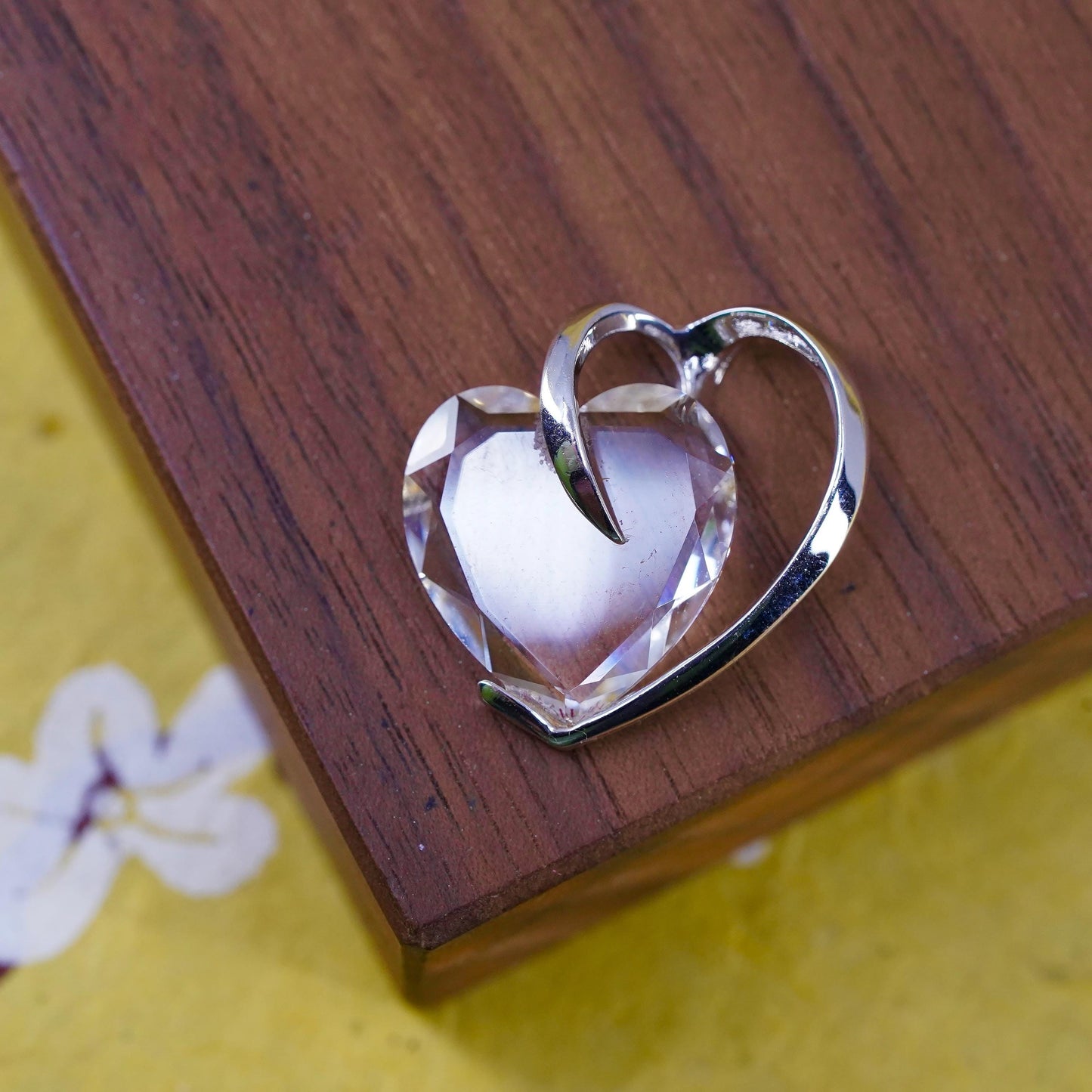 Vintage Sterling 925 silver double heart pendant with clear crystal