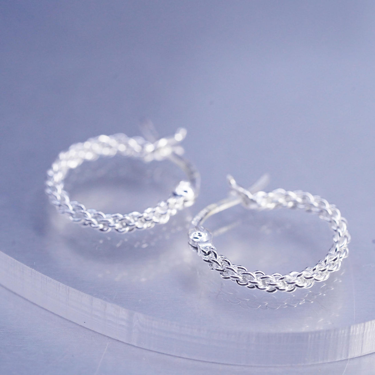 0.5", VTG 925 Sterling Silver Handmade Earrings, 925 huggie mesh chain hoops