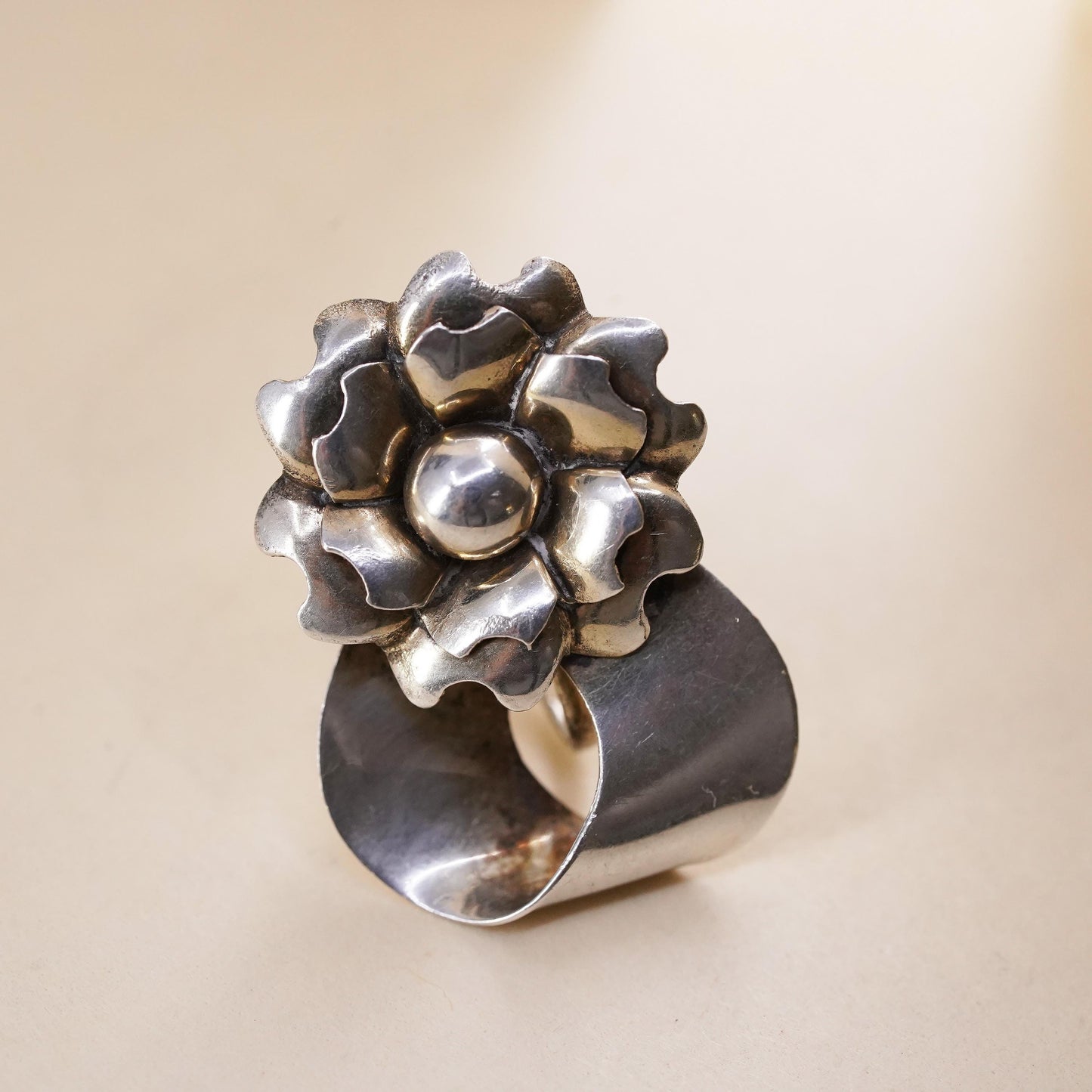 Vintage sterling silver handmade single earring, 925 screw back flower
