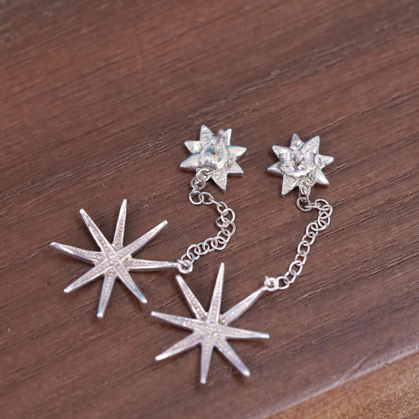Vintage Sterling Silver handmade Earrings. 925 star dangles with cz