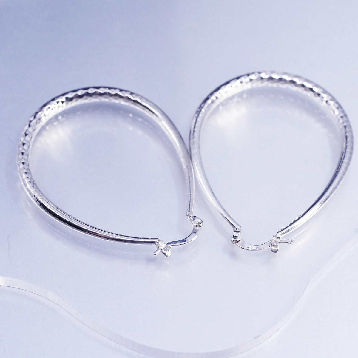 2", vintage Sterling silver handmade earrings, textured oval 925 hoops