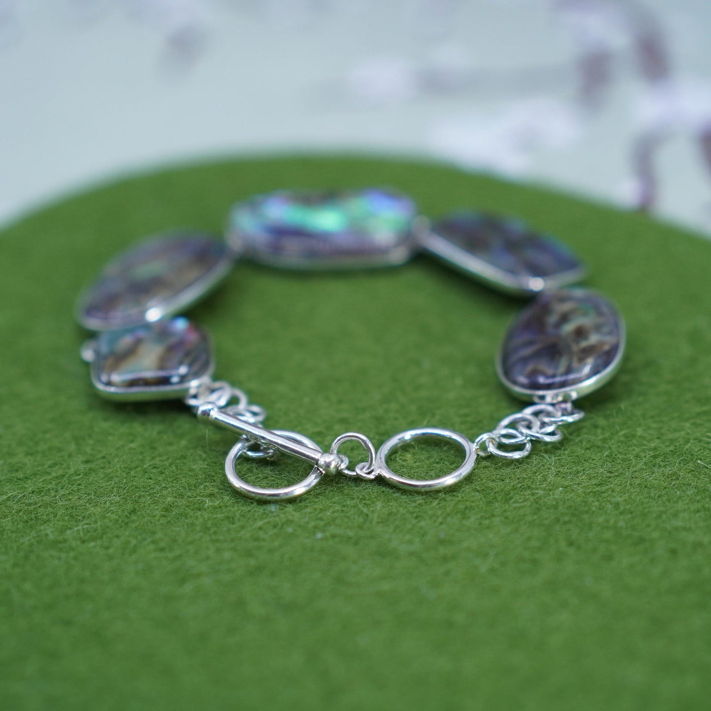 7.75”, vintage LUC 925 sterling silver handmade bracelet with abalone inlay