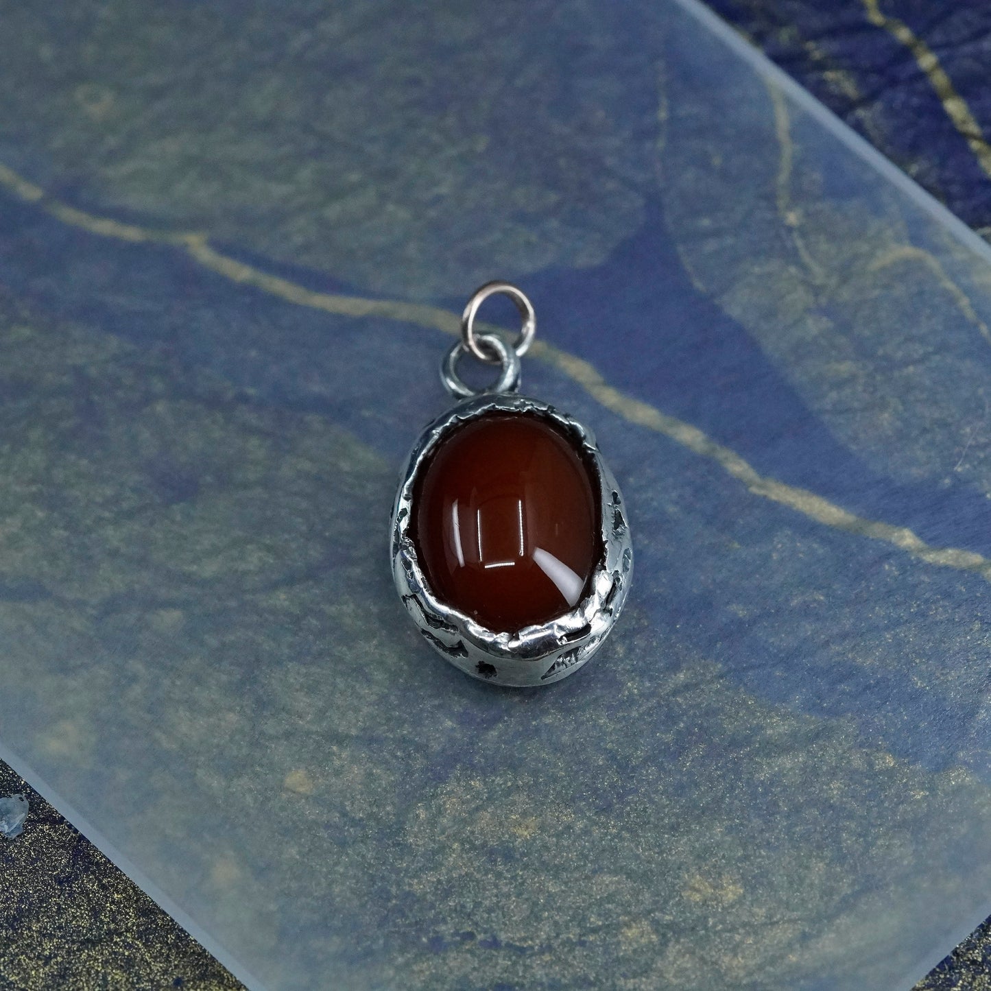 Vintage sterling silver handmade textured pendant with carnelian