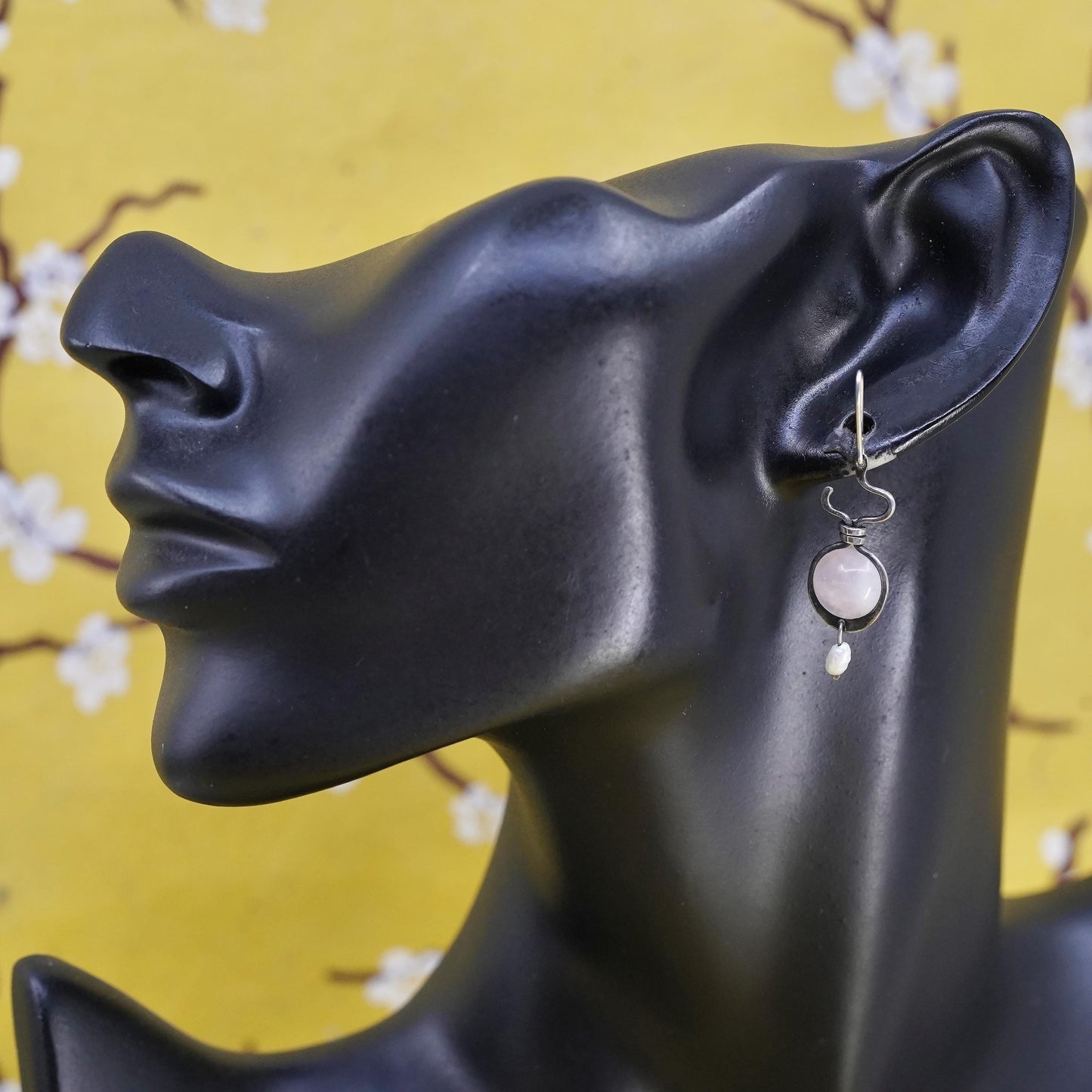Vintage Sterling Silver Earrings, Pink Rose Quartz Pearl Drop, Handmade 925