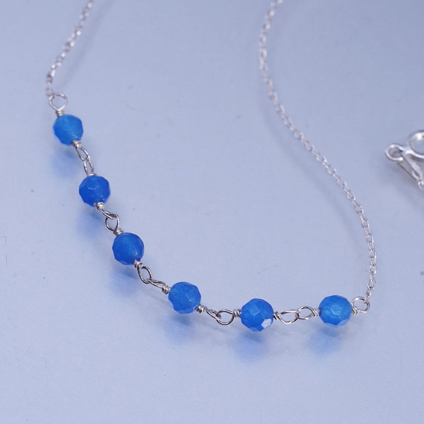 18", vintage Sterling 925 silver circle chain necklace with chalcedony beads