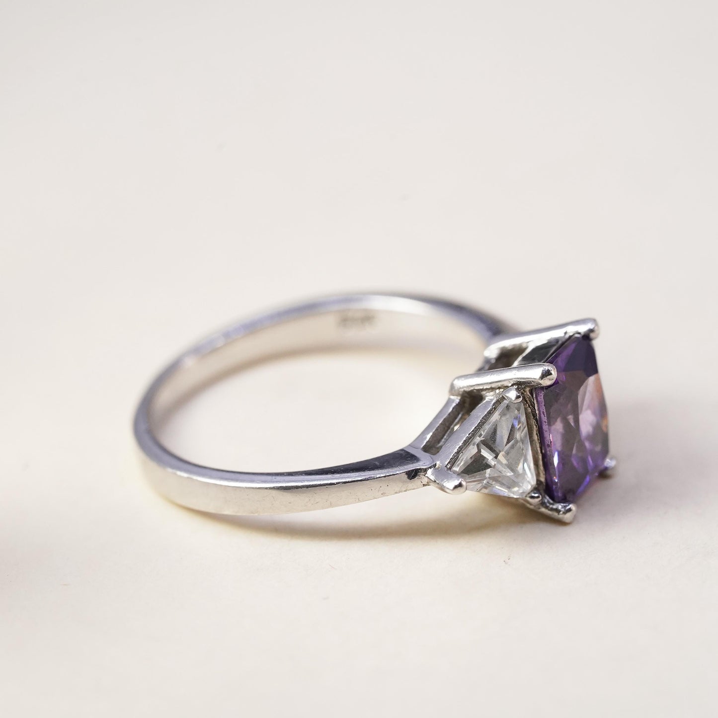 Size 8.5, Vintage sterling 925 silver handmade ring with amethyst and cz