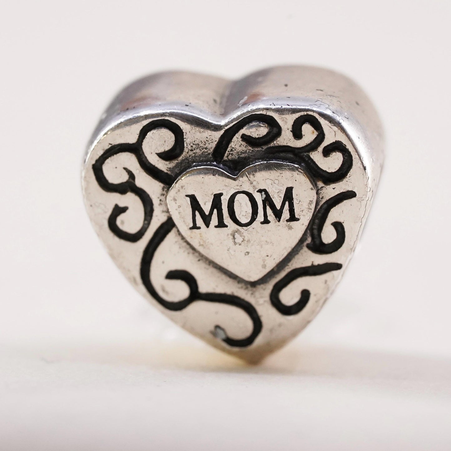 Vintage Sterling silver handmade bead charm, 925 heart pendant embossed mom