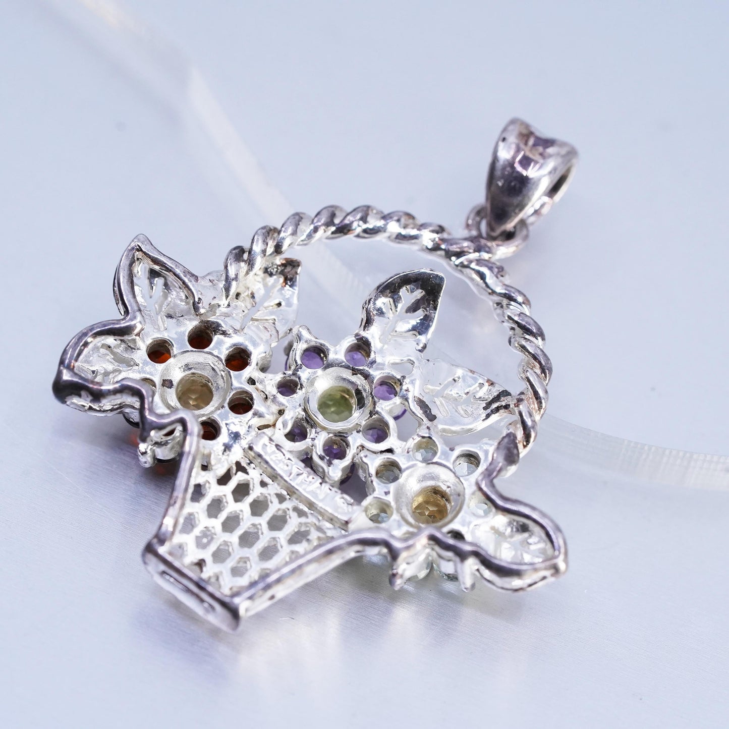 Vintage Sterling 925 Silver Flower Basket Pendant Multi Gemstone Floral Bouquet