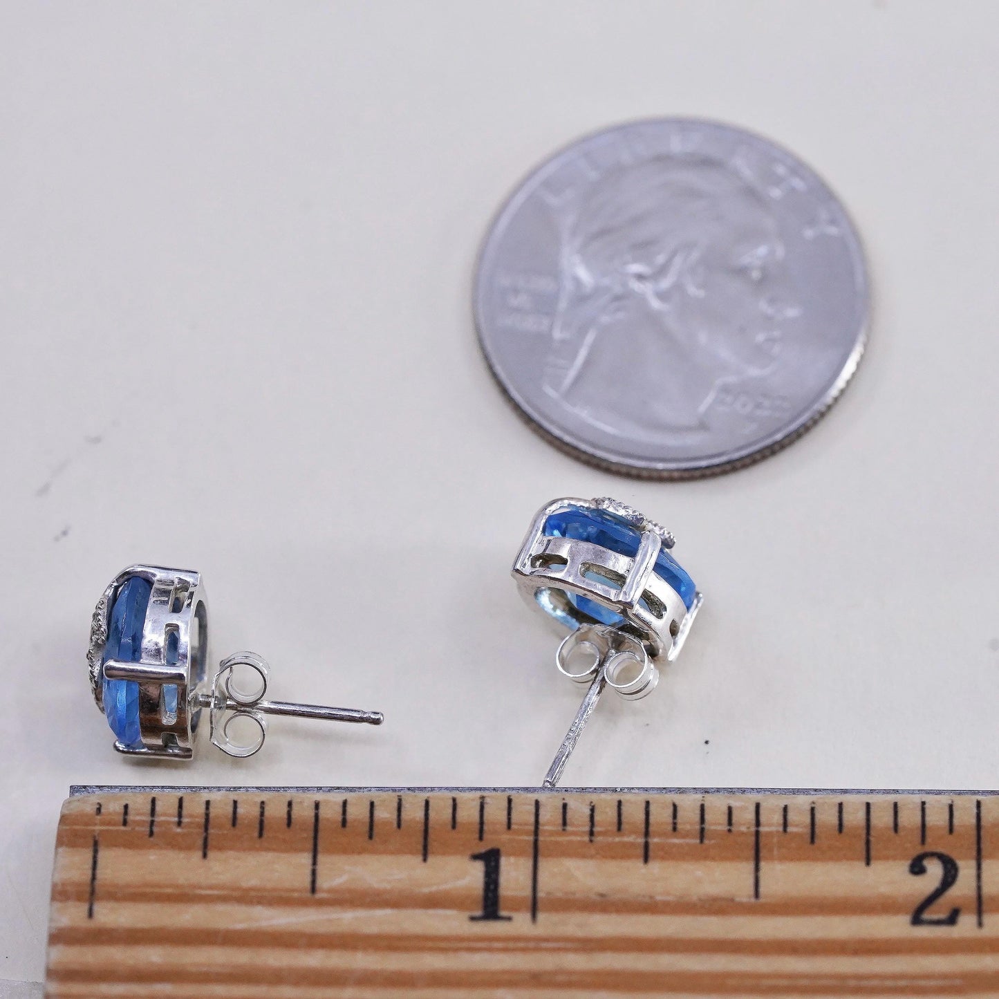 Vintage Sterling silver earrings, 925 studs with blue topaz and leaves