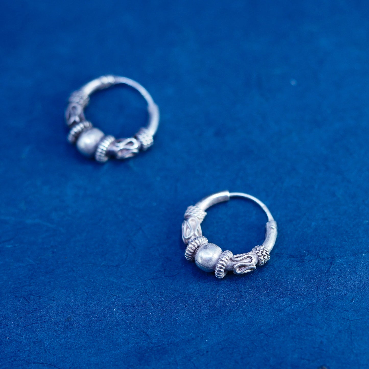 0.75”, vintage Sterling silver handmade earrings, textured 925 hoops, huggie