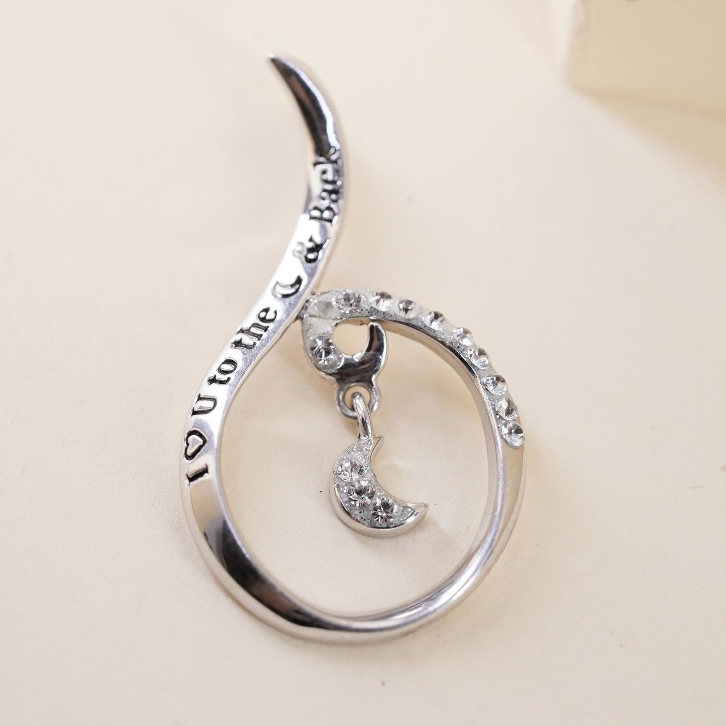 Sterling silver charm, 925 cz teardrop moon pendant I love you to the moon