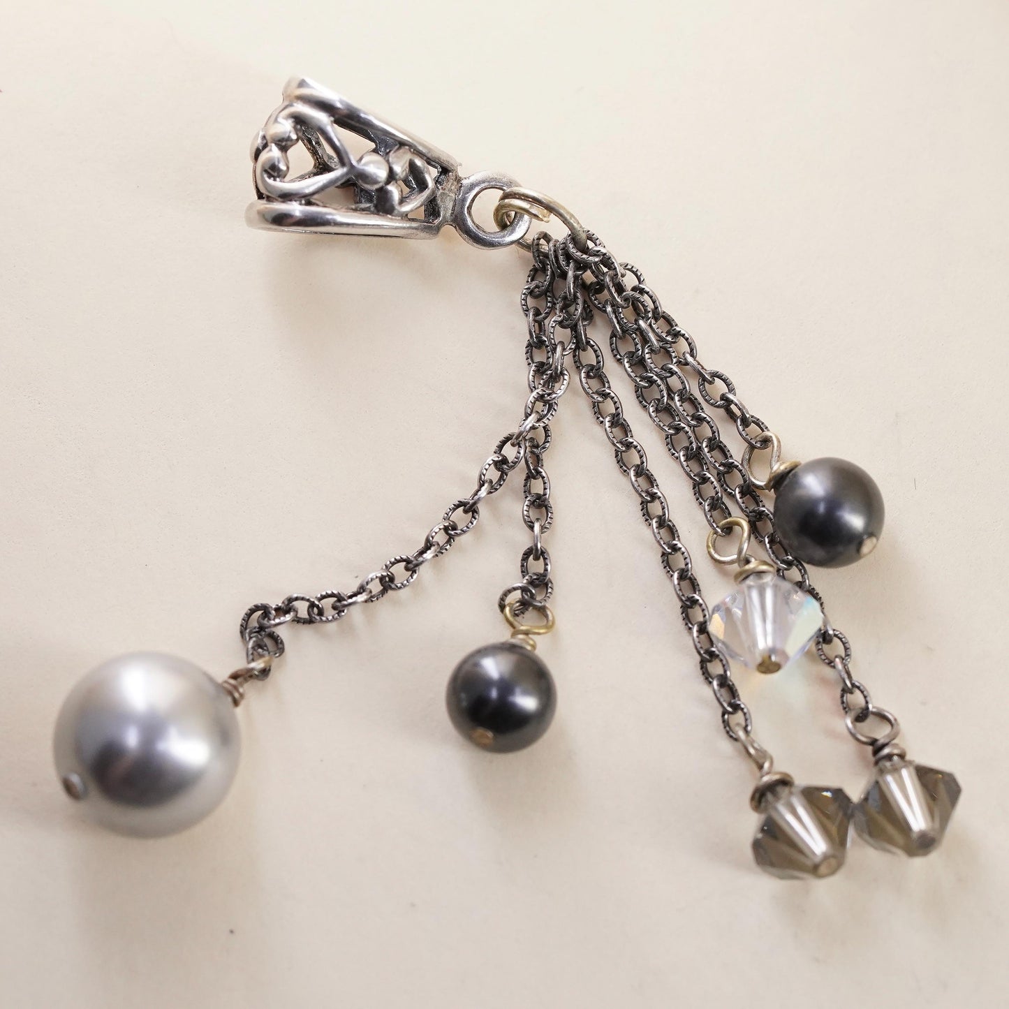 Vintage handmade sterling 925 silver chain pendant with pearl and crystal