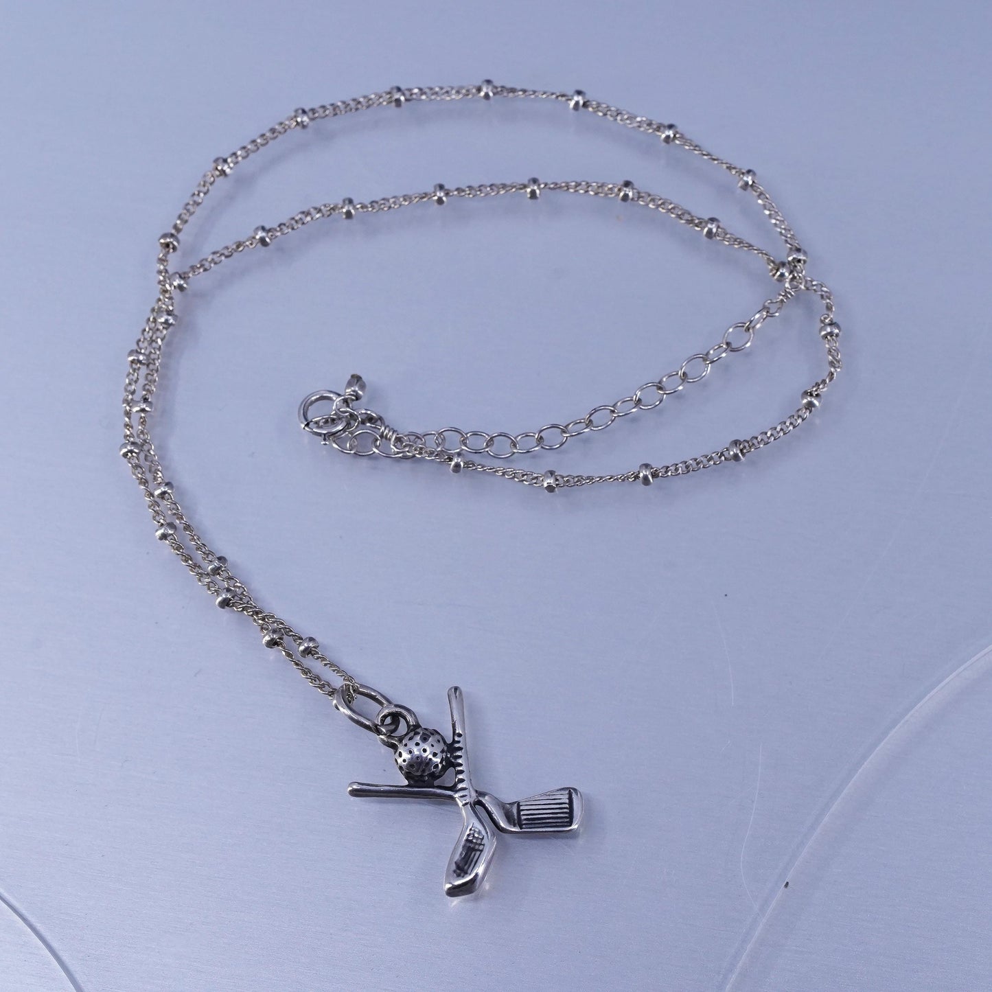 12+2”, vintage Sterling 925 silver bead pendant necklace w/ gold clubs pendant