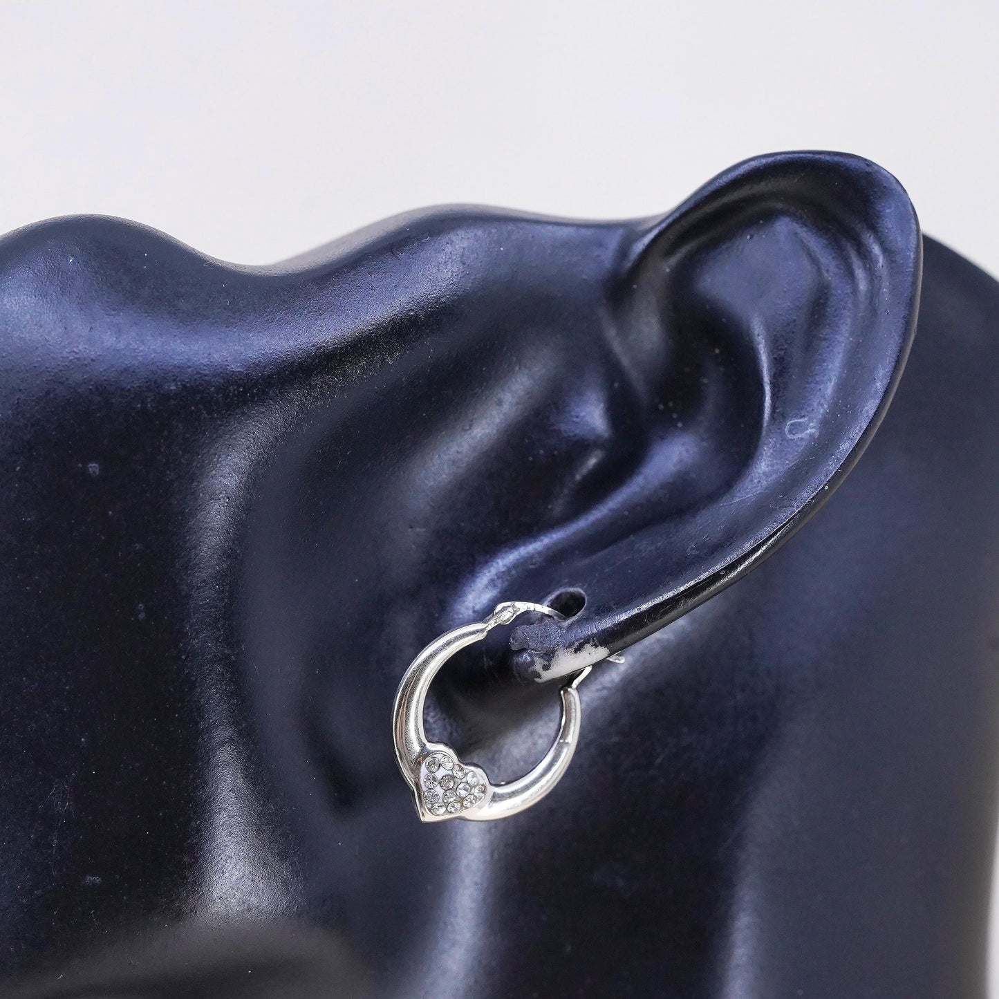 0.75”, Vintage sterling silver earrings, 925 heart huggie hoops with cz