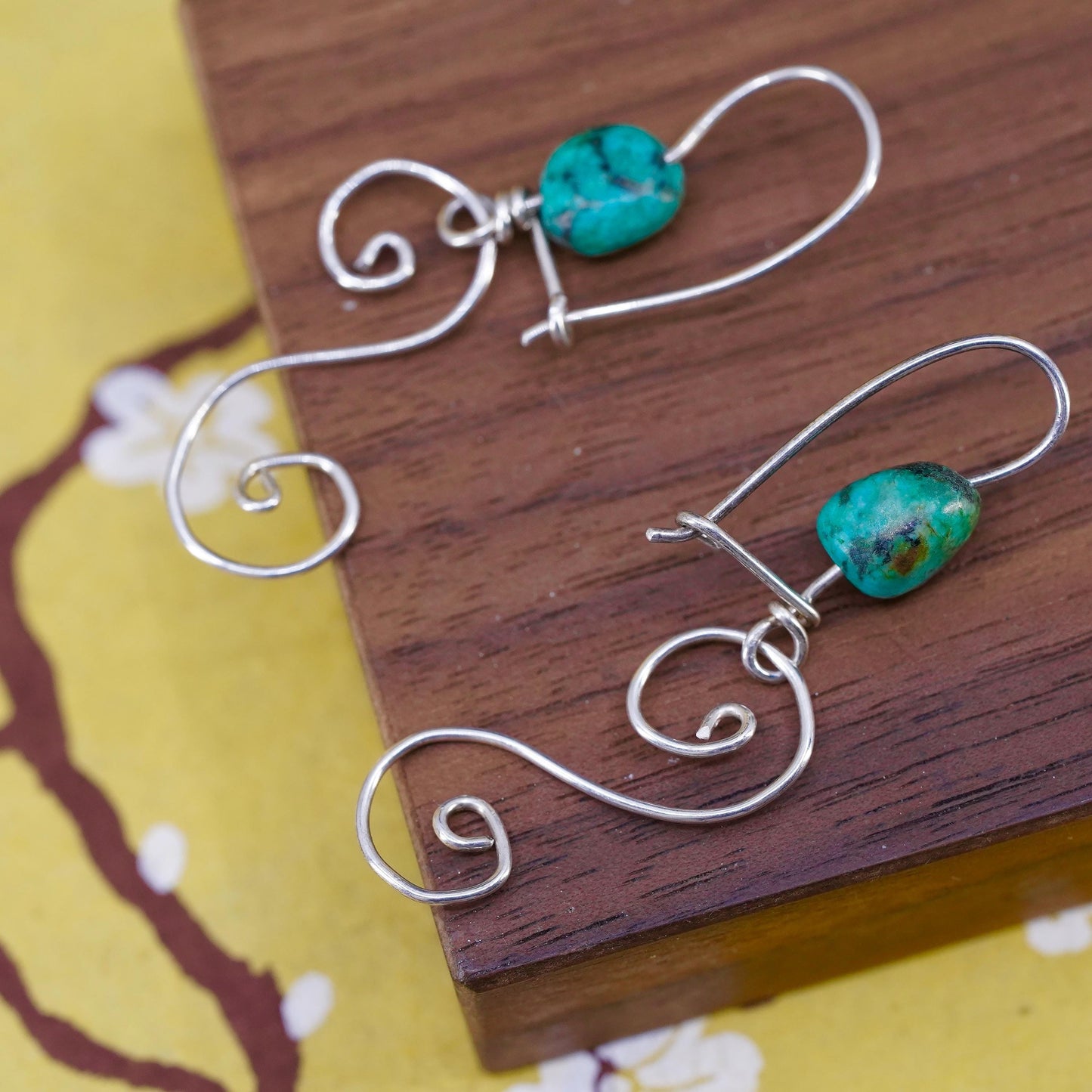 Vintage Sterling silver handmade earrings, 925 silver wire with turquoise beads