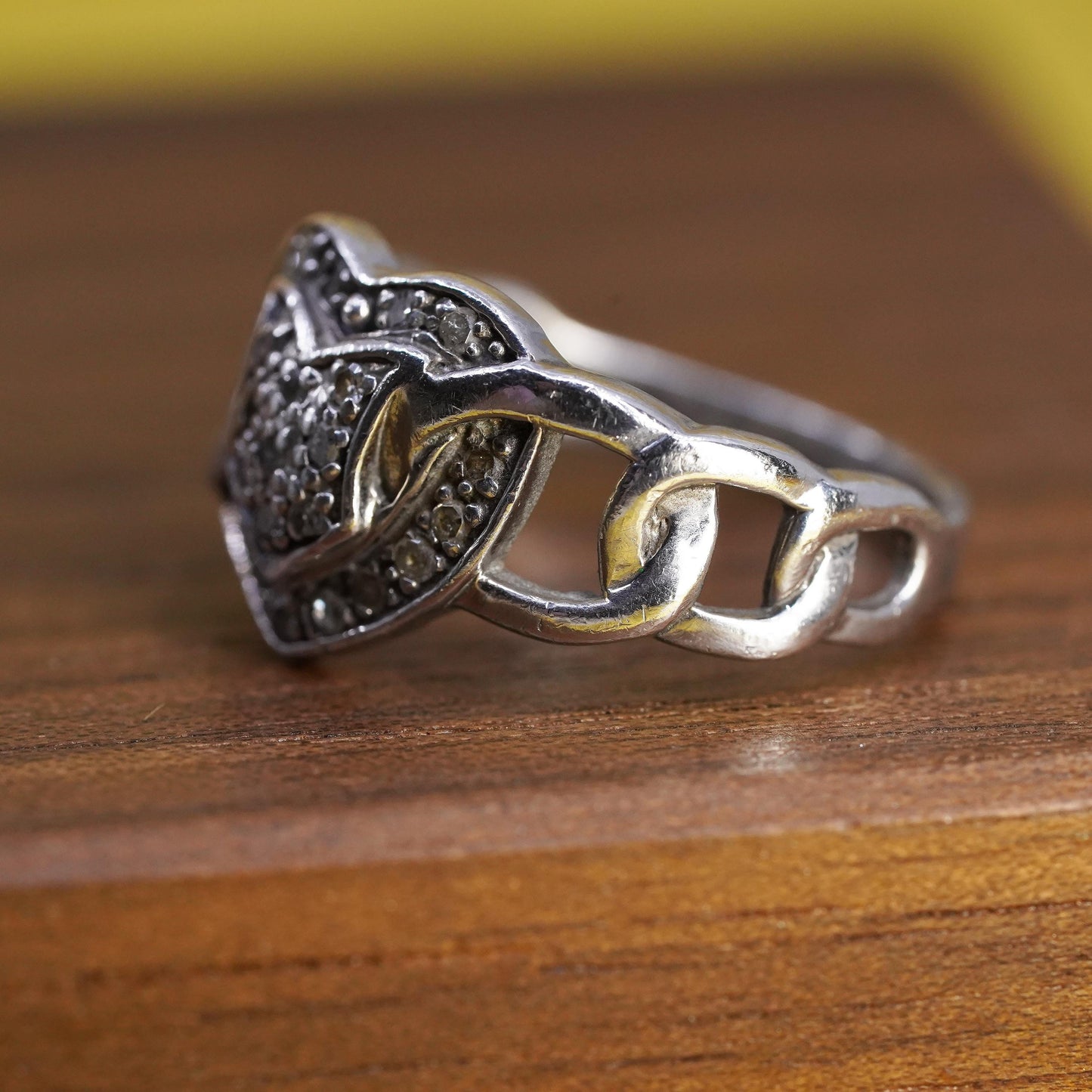 Size 6.5, vintage Sterling silver ring, 925 heart band with cluster diamonds