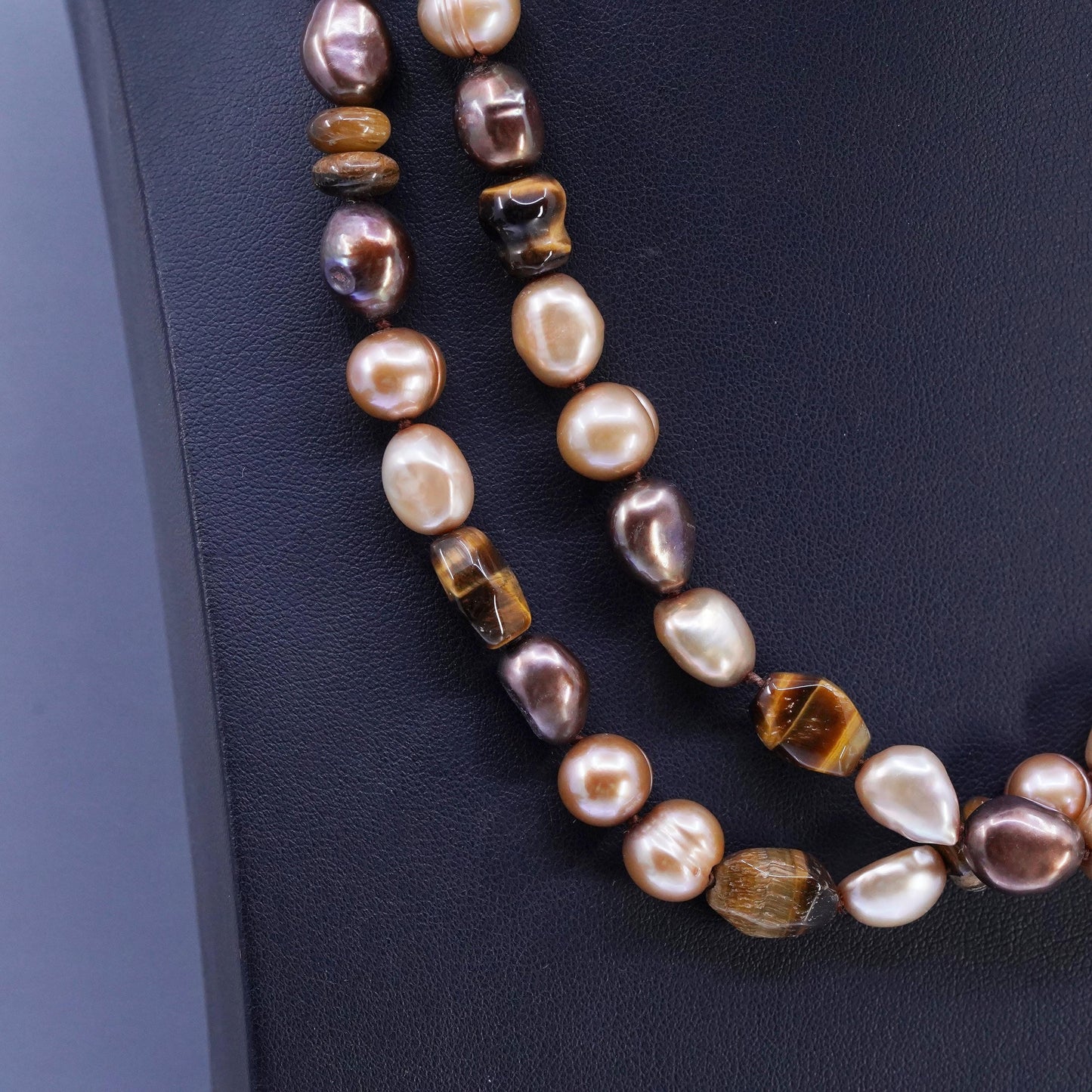 36”, Sterling 925 silver extra long necklace golden tiger eye, pearl nugget