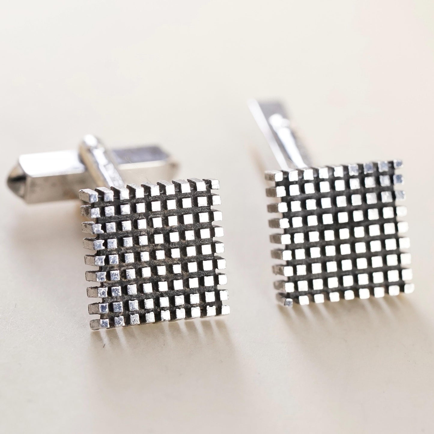Vintage sterling silver square dotted cuff links, handmade 925 cufflinks