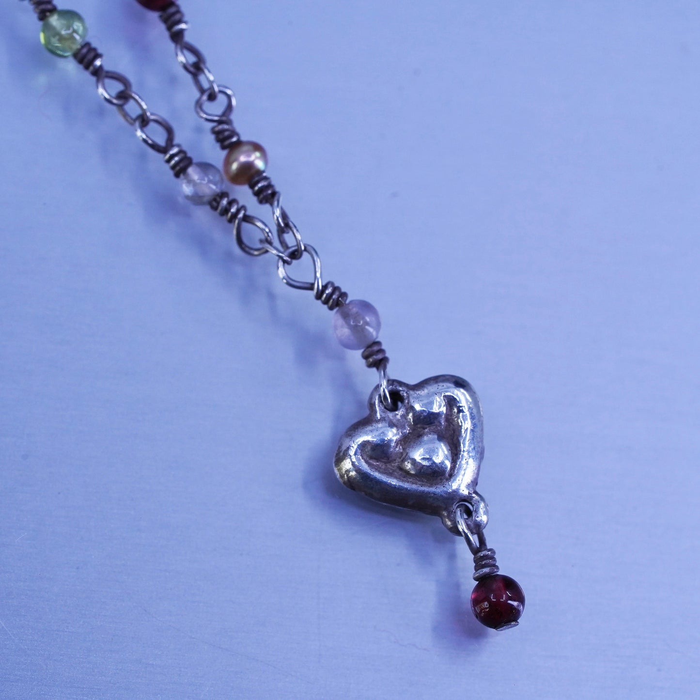 16”, Sterling 925 silver handmade necklace w/ pearl garnet beads heart pendant