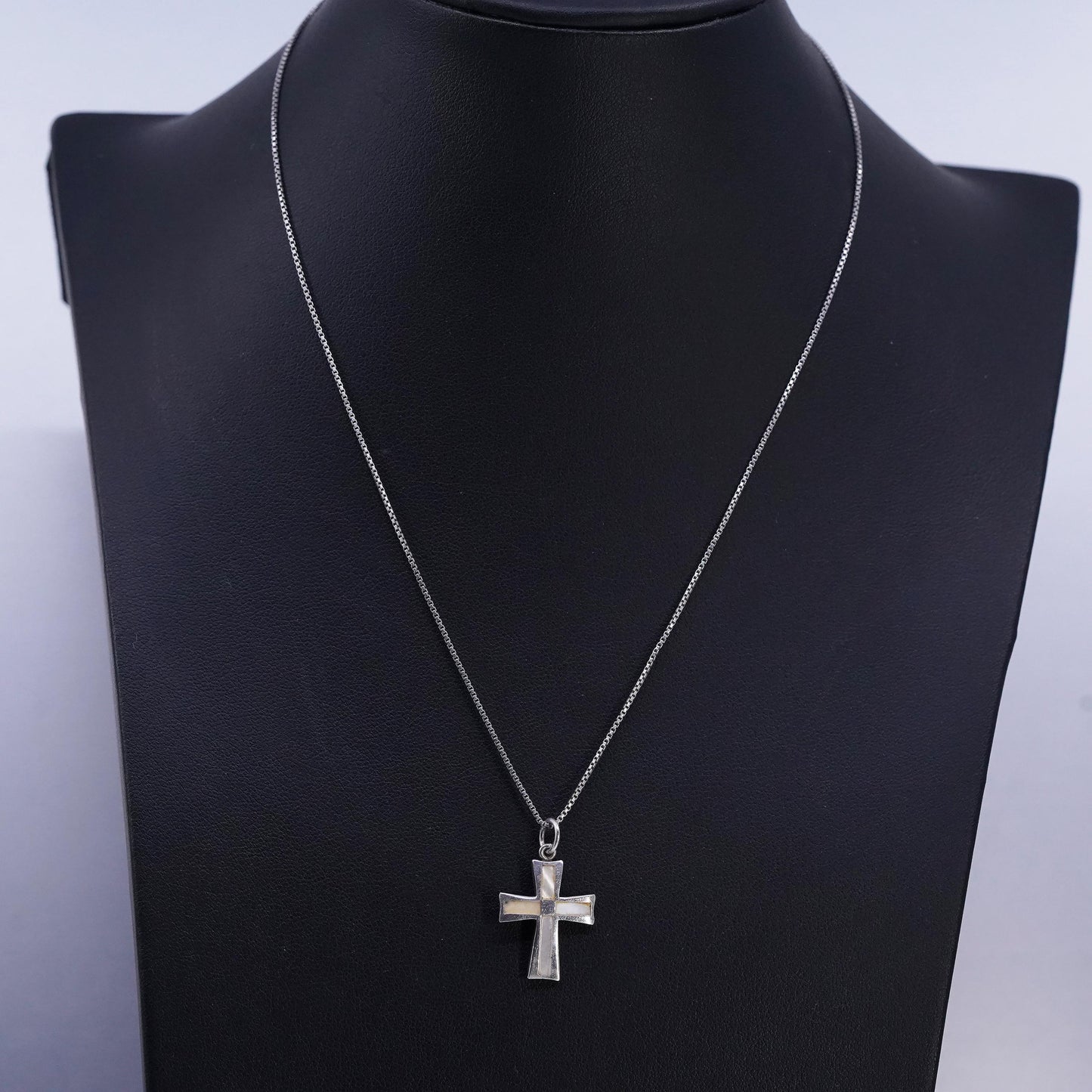 16" 1mm, vintage Sterling 925 silver box necklace mother of pearl cross pendant