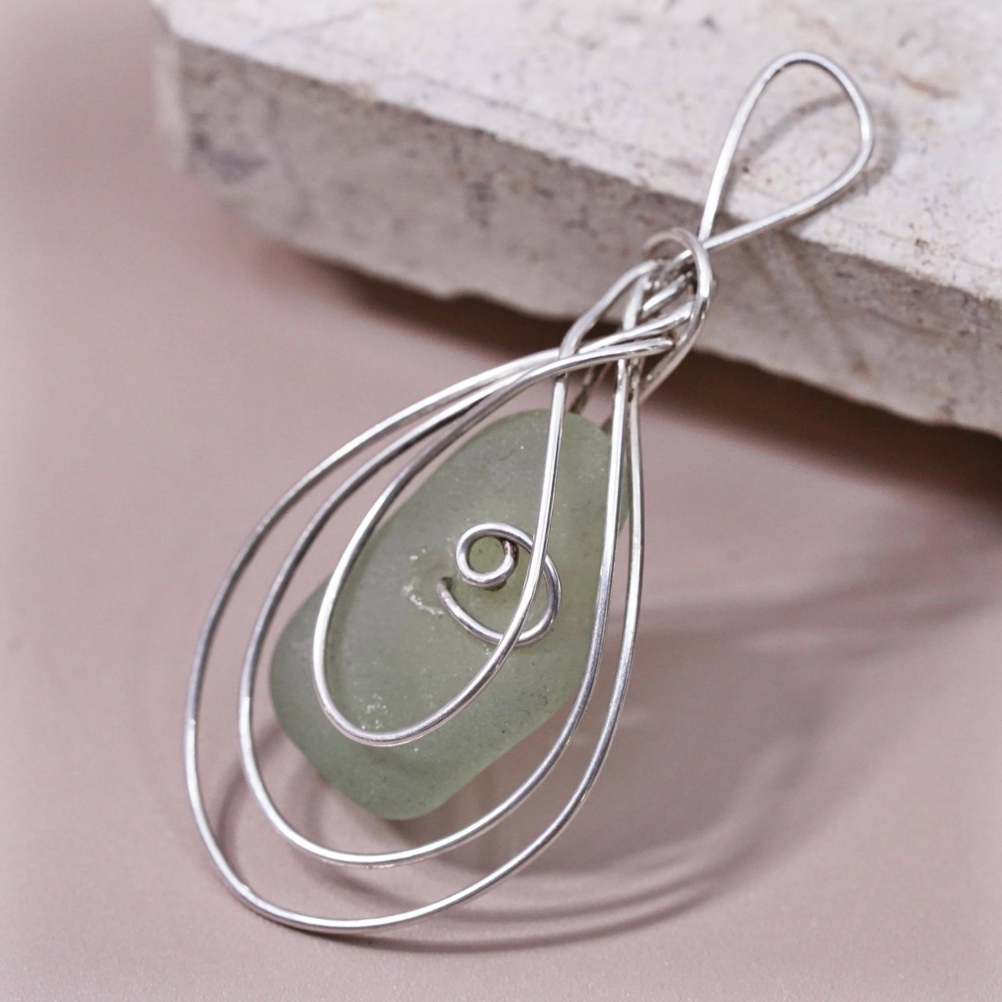 Vintage sterling silver handmade pendant, 925 silver wire with sea washed glass