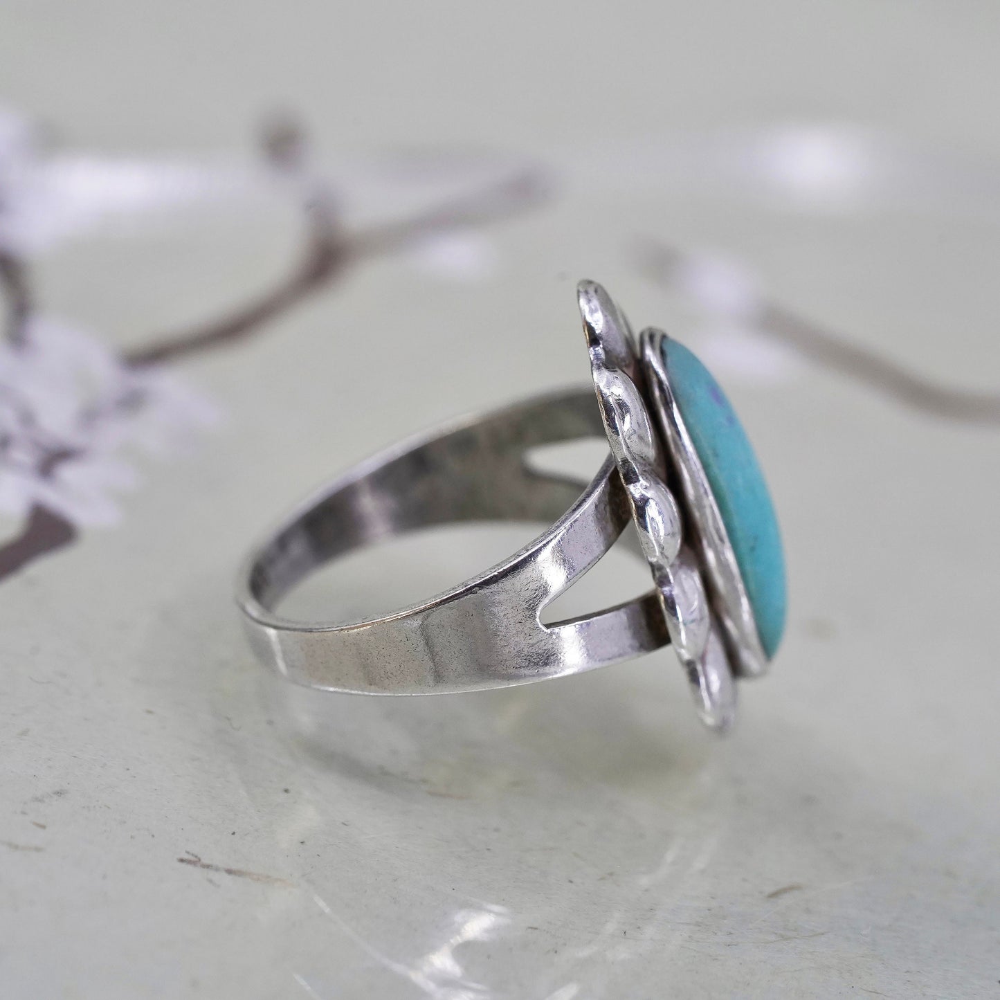 Size 6.25, Native American bell post sterling silver ring, 925 band turquoise