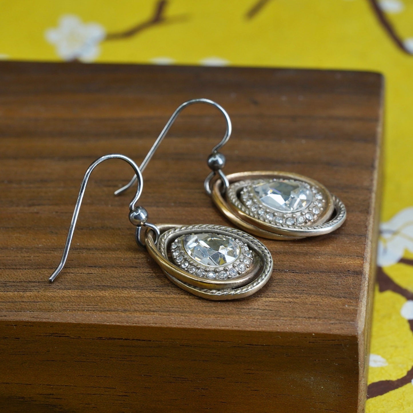 Vintage Sterling silver handmade earrings, 925 silver teardrop with cz inlay