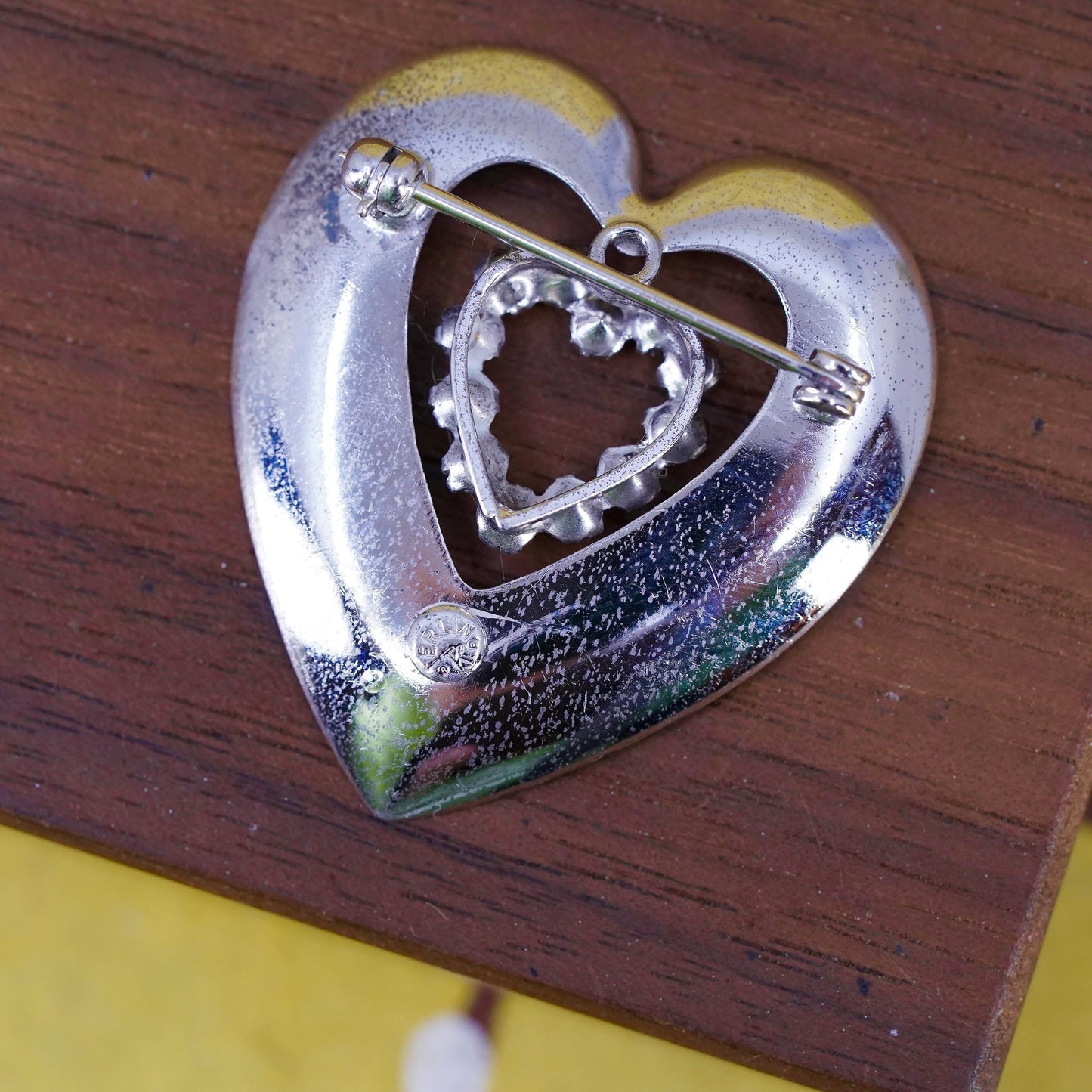 Vintage handmade sterling silver brooch, 925 silver heart with rhinestones