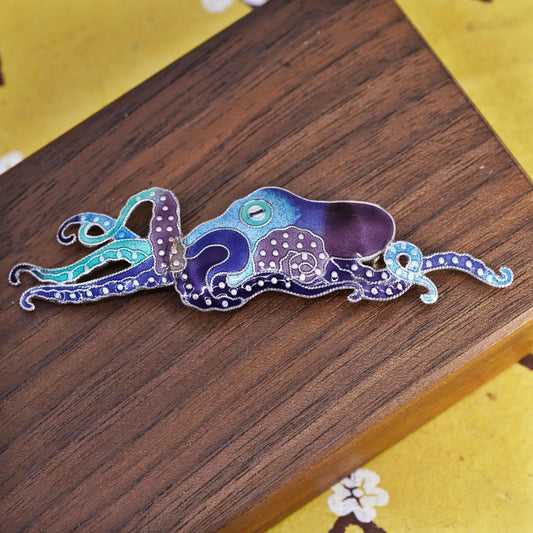 Vintage antique handmade sterling silver 925 blue octopus brooch with enamel
