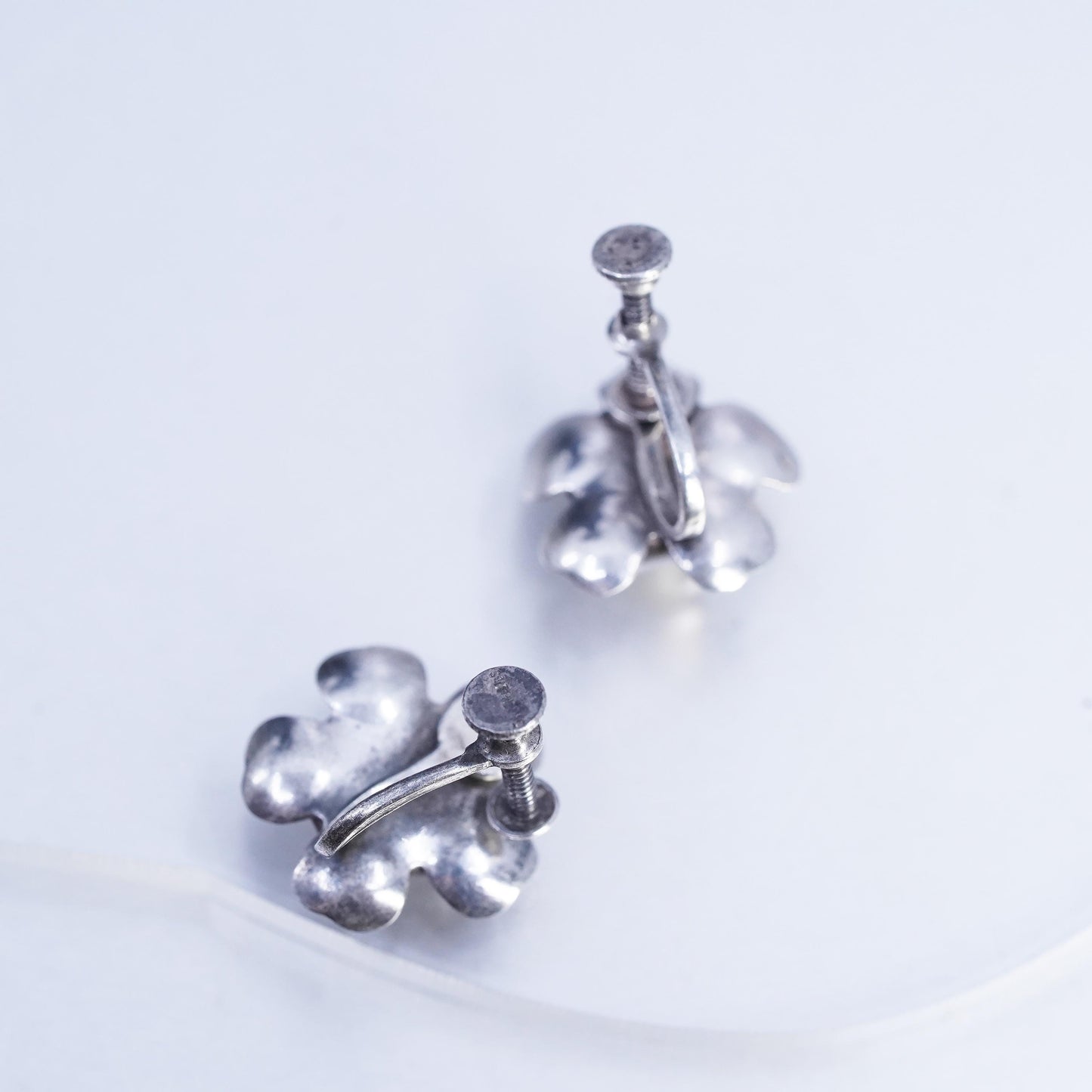 Vintage Sterling 925 silver handmade earrings, screw back flower