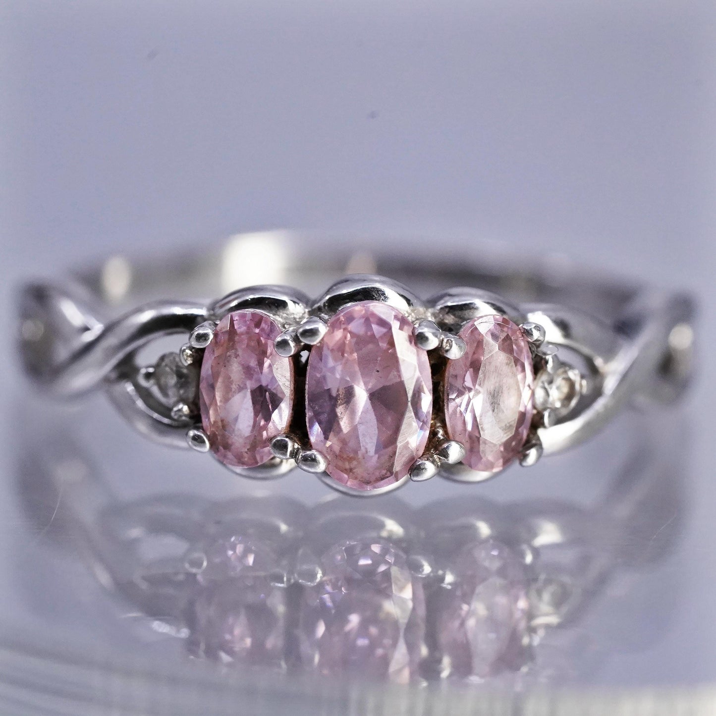 size 9.25, Vintage Sterling Silver Ring, 925 Engagement Ring with pink crystal