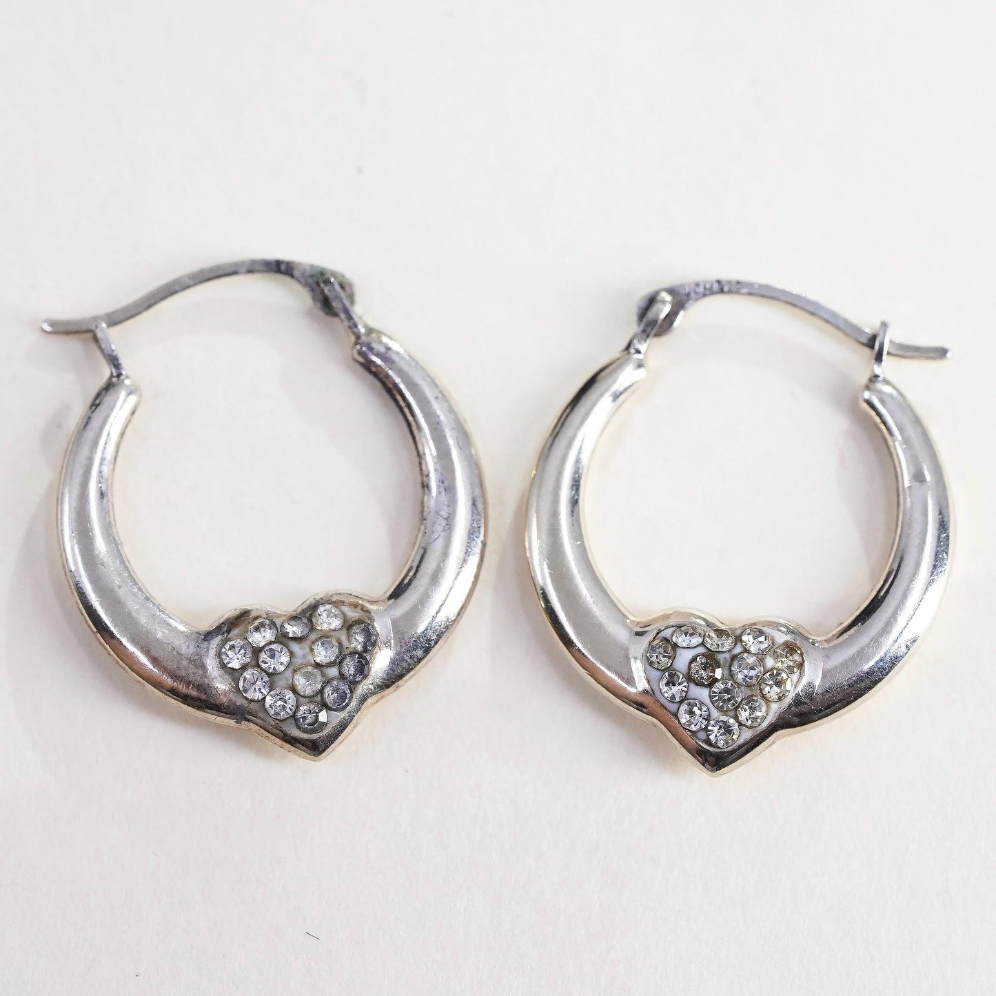 0.75”, Vintage sterling silver earrings, 925 heart huggie hoops with cz