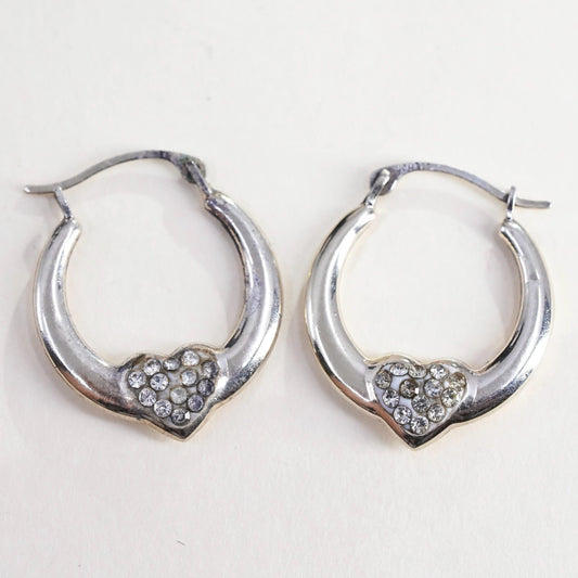 0.75”, Vintage sterling silver earrings, 925 heart huggie hoops with cz