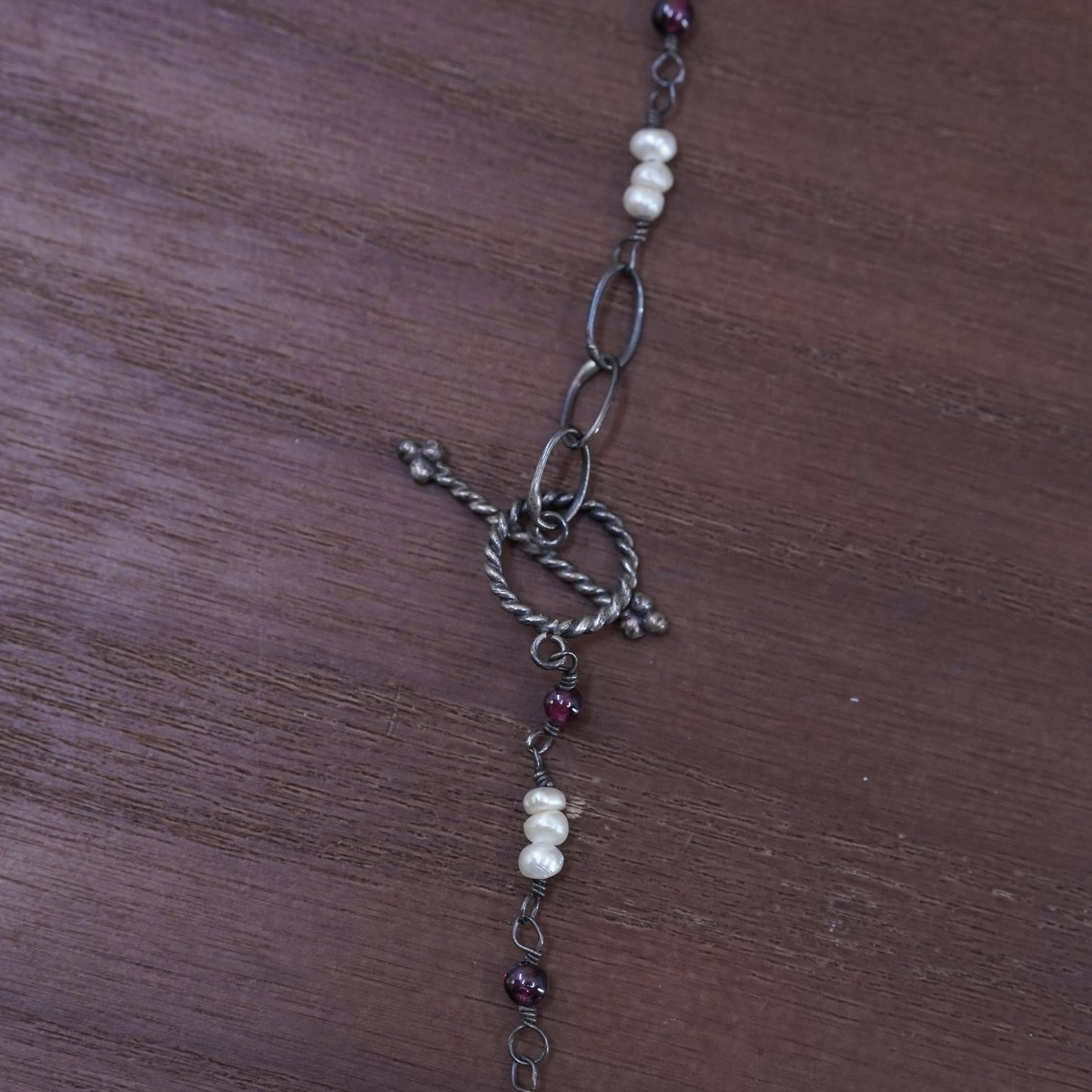 16”, Sterling silver 925 handmade necklace freshwater pearl and garnet beads