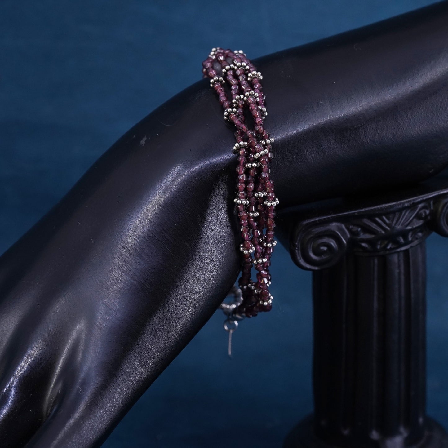 7”, sterling 925 silver handmade bracelet, multi strands garnet beads chain