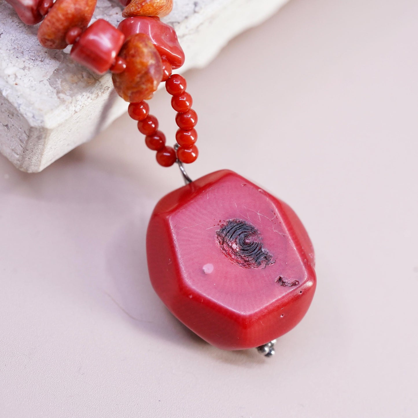 16", silver tone necklace, coral beads necklace pendant with toggle closure