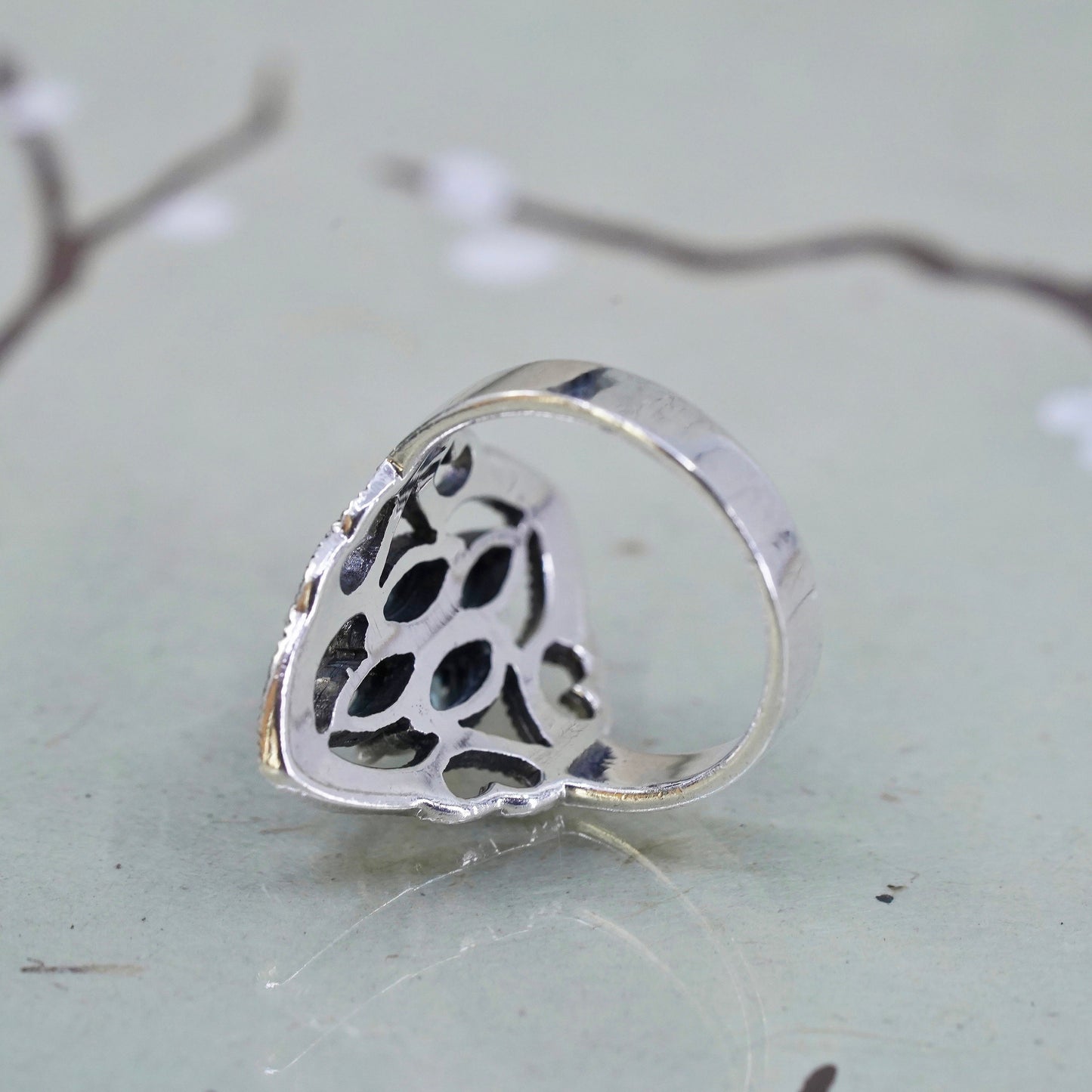 Size 6, Sterling 925 silver handmade ring with blue Crystal and marcasite