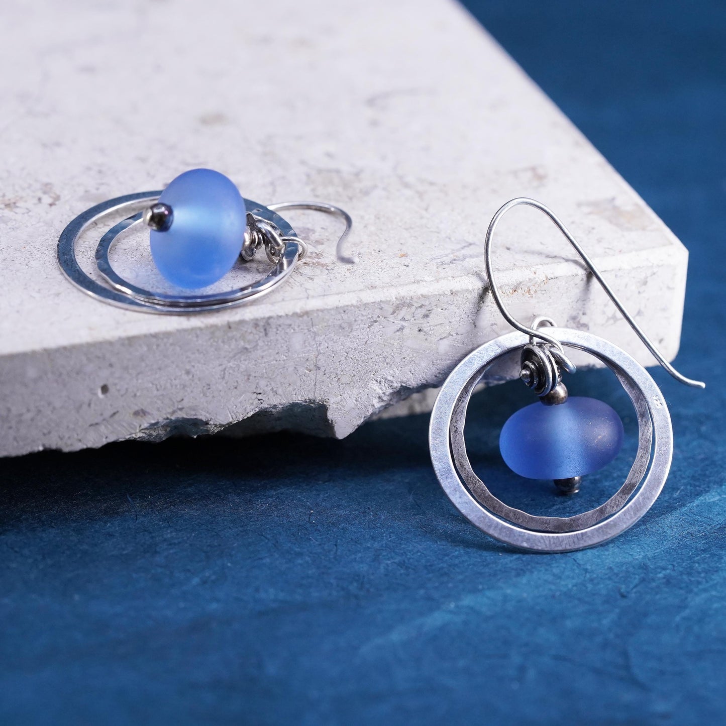 Vintage Sterling 925 silver handmade double circle earrings w/ blue glass bead