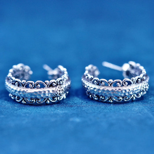 1”, designer Sterling silver handmade earrings, textured 925 huggie studs