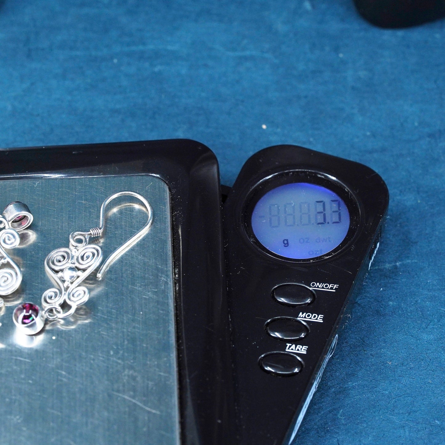 Vintage Sterling Silver handmade Earrings. 925 swirl dangles with garnet
