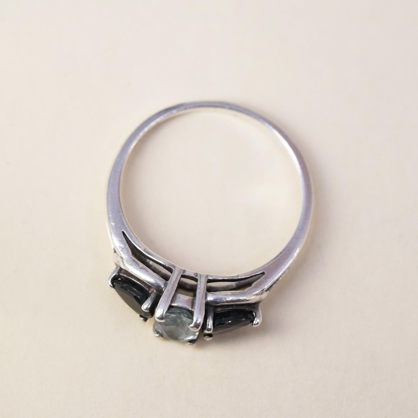 Size 6, vintage Sterling 925 silver engagement ring with crystal and sapphire