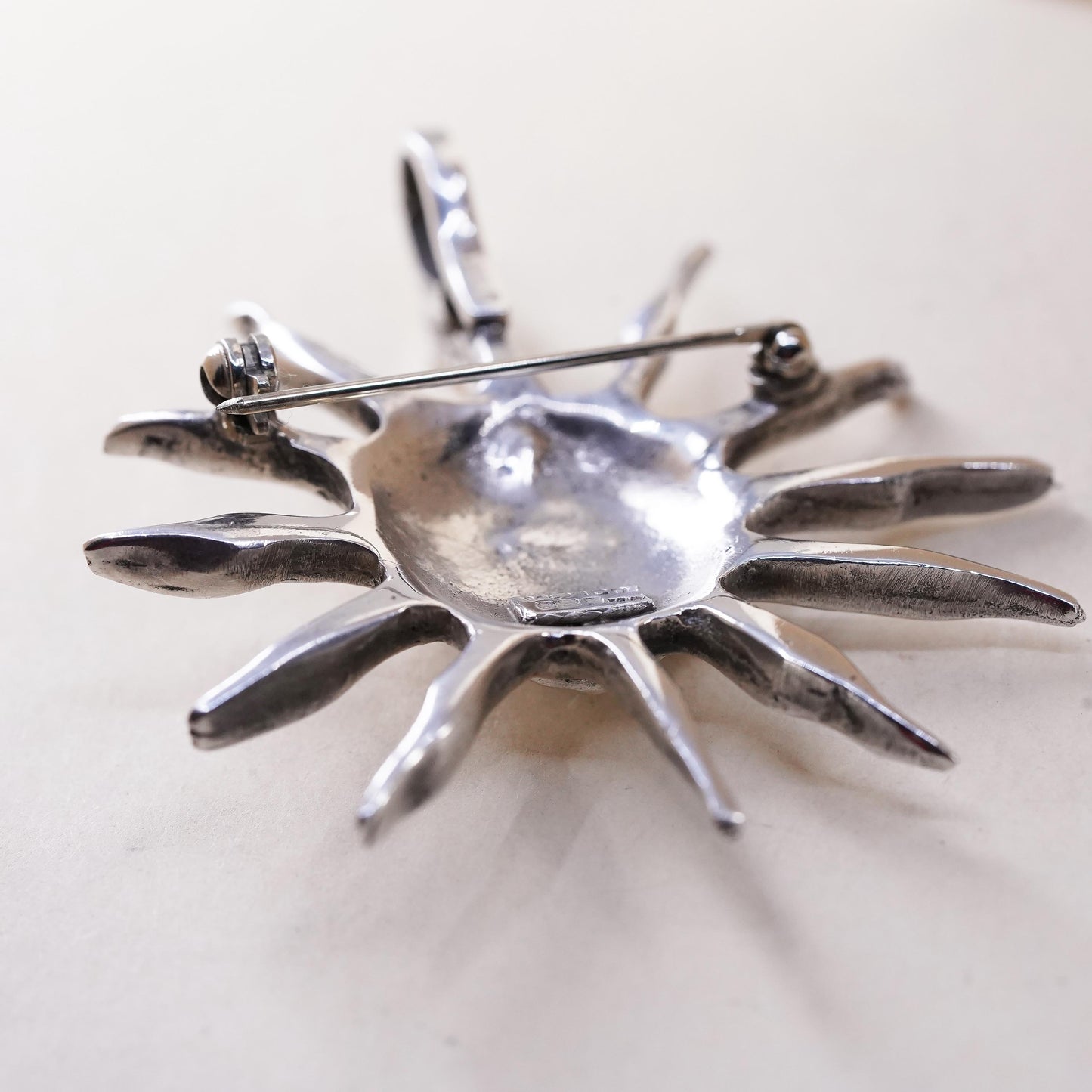 Vintage Mexican Sterling silver handmade sun face pendant, 925 brooch