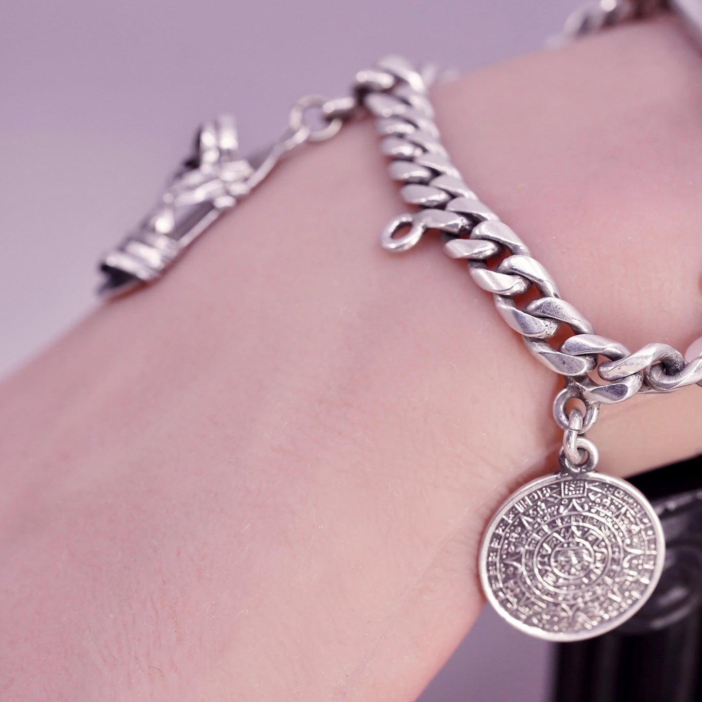 6.75” Castelan sterling silver bracelet, 925 curb chain 2 charms Mayan calendar