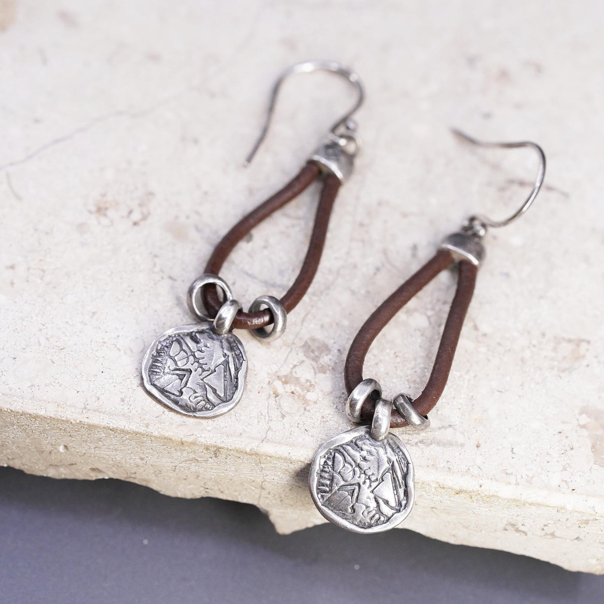 Silpada Sterling 935 Silver Brown Leather Prairie Girl Disc Earrings W2179