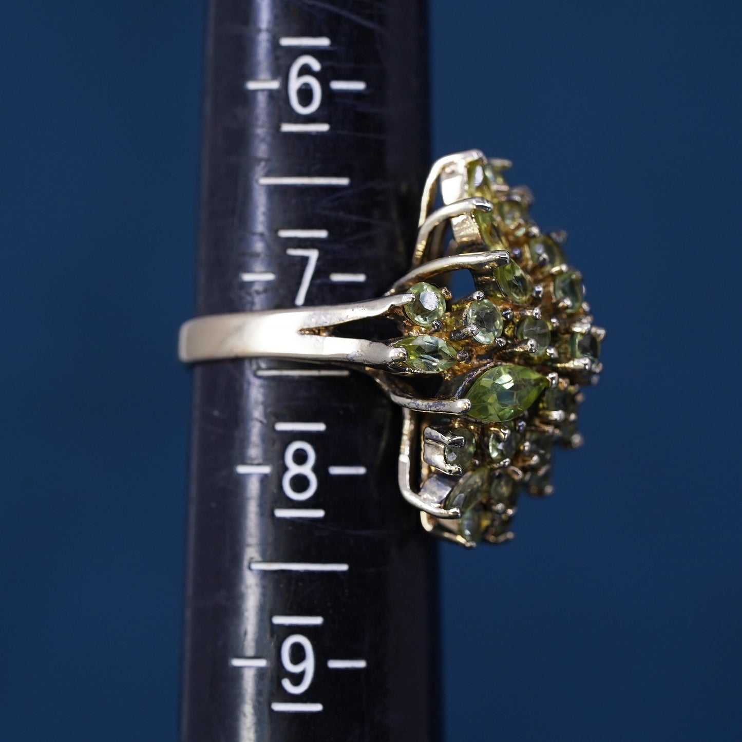Size 7.25, vermeil gold over Sterling silver ring, 925 band w/ cluster peridot