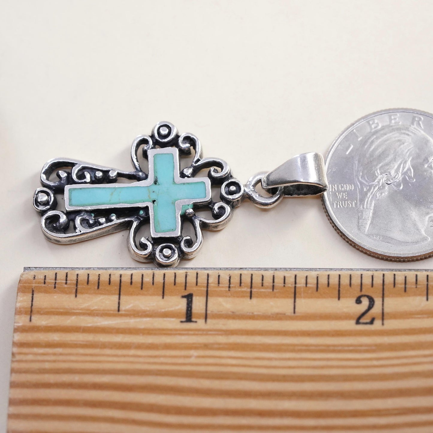 Vintage southwestern Mexican Sterling silver pendant, filigree 925 cross with turquoise inlay, stamped 925 Mex