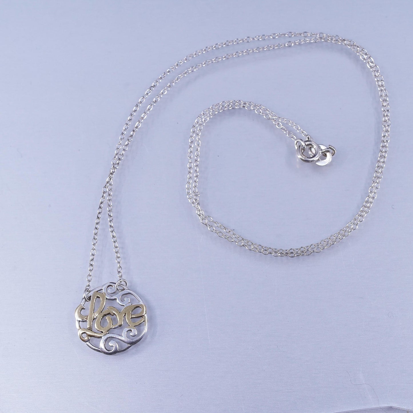 18”, vintage two tone Sterling silver necklace, 925 circle chain with Love pendant
