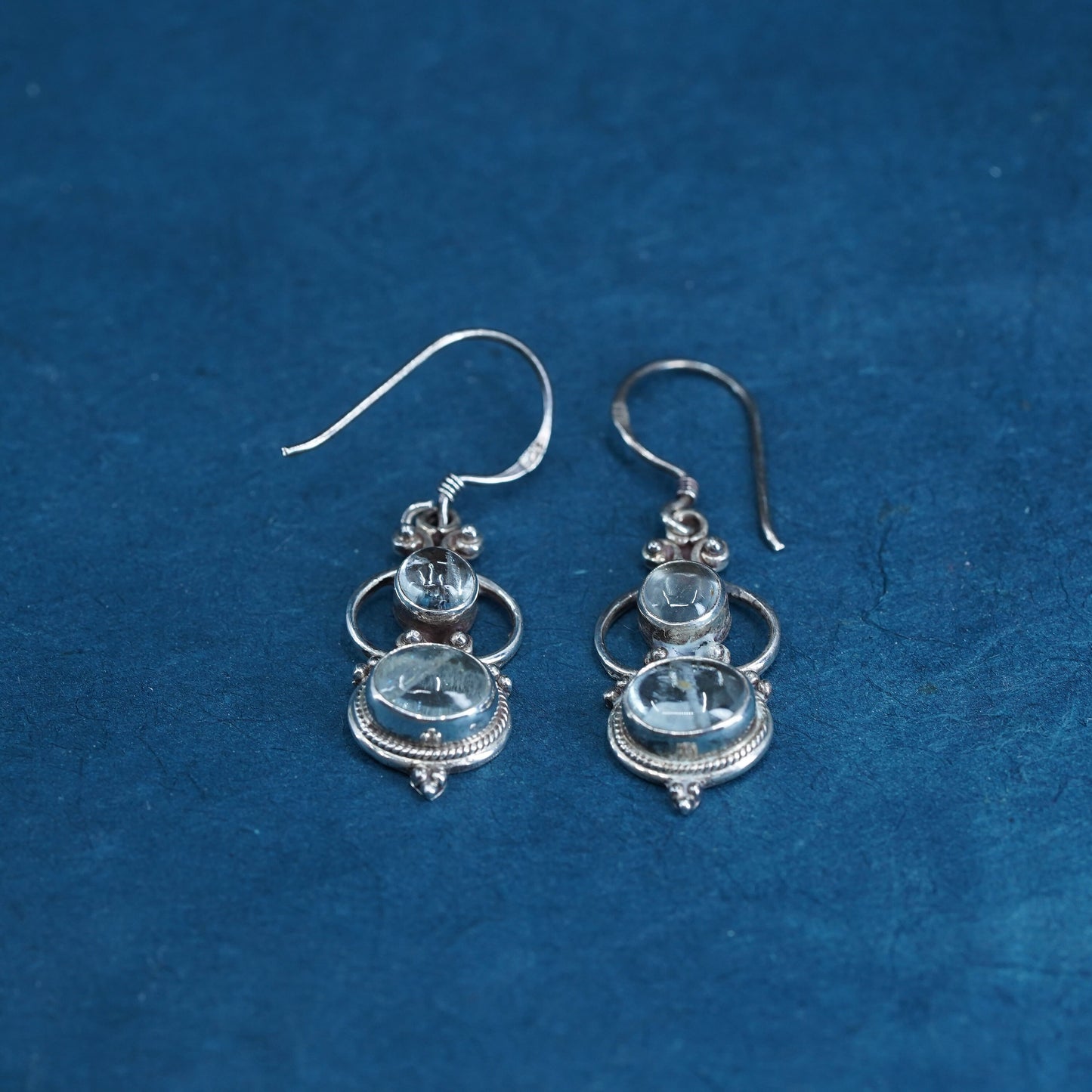 Vintage Sterling silver cluster earrings, 925 dangles with blue crystal beads